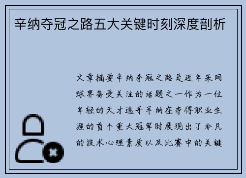 辛纳夺冠之路五大关键时刻深度剖析